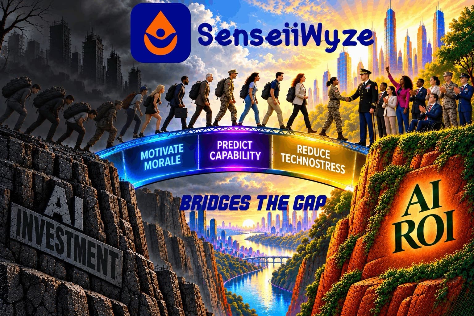 Illustration of a bridge leading people from a stormy AI Investment cliff to a sunlit AI ROI cliff, with bridge panels reading Motivate Morale, Predict Capability, and Reduce Technostress